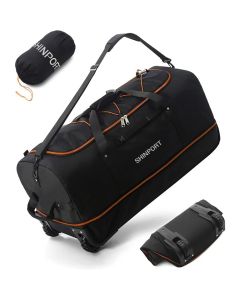 Shinport 32”110L Expandable 140L Foldable Rolling Duffle Bag with 2 Inline Wheels,Convertible Weekend Travel Bag with Bungee-Cord System,Black-orange