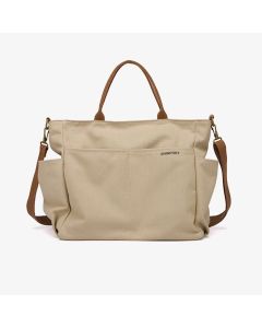 Shinport Elegant Beige Canvas Tote Bag with Leather Accents